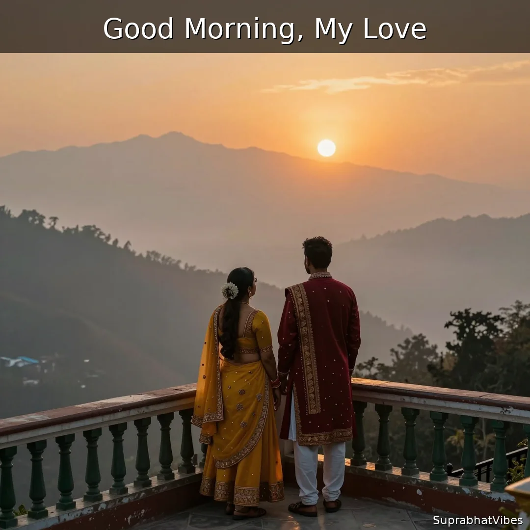 Couple watching sunrise over Himalayas in traditional Indian dress