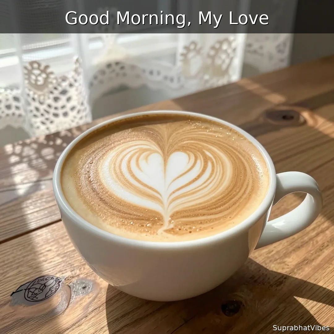 Heart-shaped latte art in a coffee cup with morning sunlight