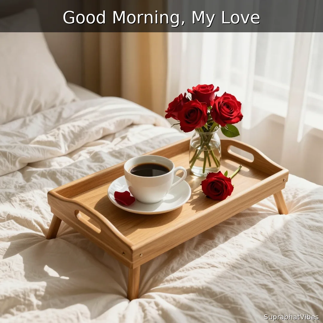 Overhead view of a romantic breakfast tray in a sunlit bedroom