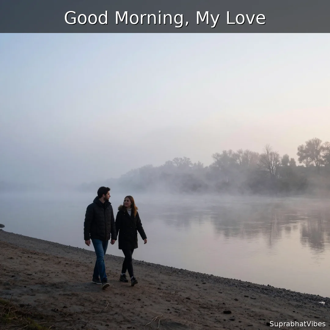 Couple walking by a misty river at dawn