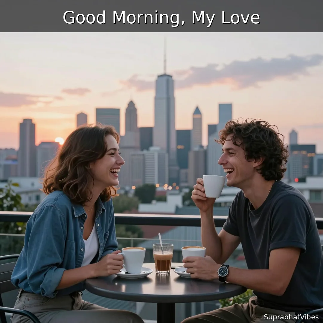 Couple enjoying coffee on a terrace with a sunrise backdrop