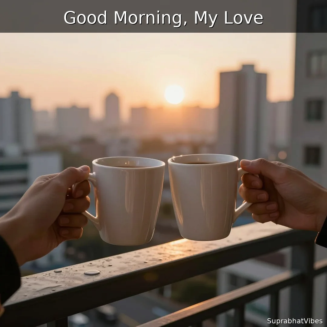 Two coffee mugs clinking against a city sunrise