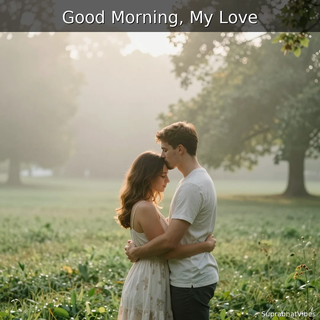 Couple embracing in a misty green park at dawn